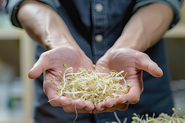 Photo a persons hand holding a handful of fresh bean sprouts