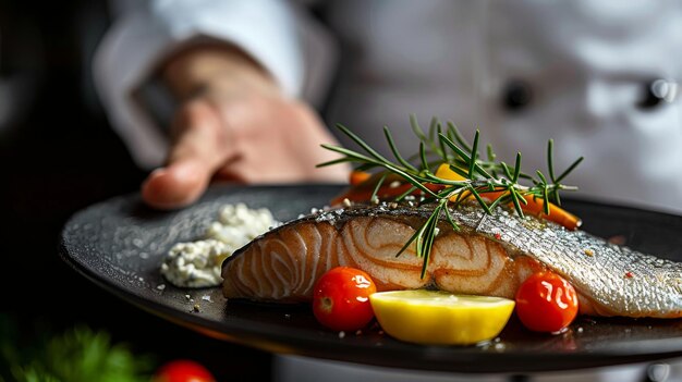 Photo a persons hand holding a plate with a fish on it