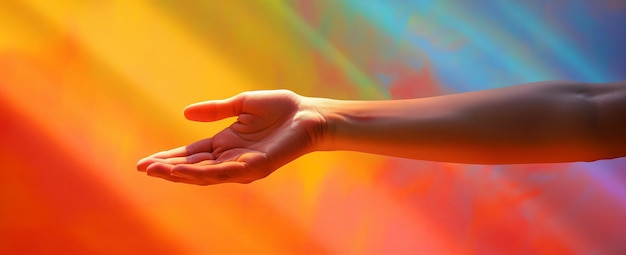 a persons hand is holding a rainbow colored background