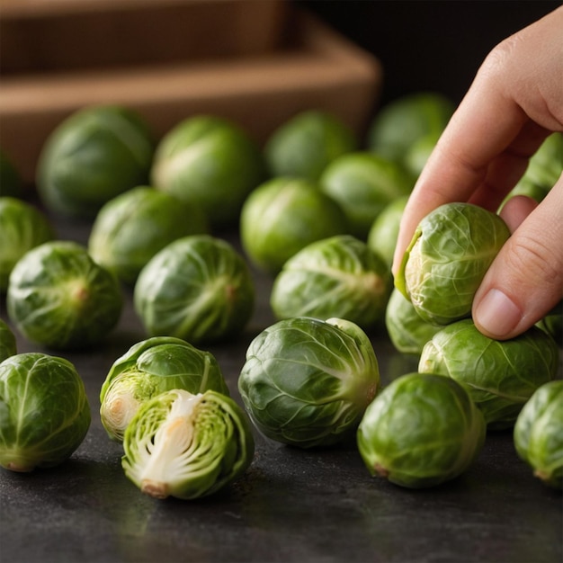 Photo a persons hand is picking up a piece of lettuce