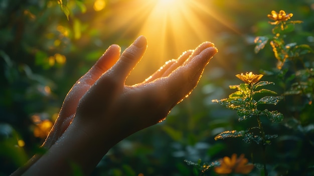 Photo a persons hand is reaching out to the sun in the background