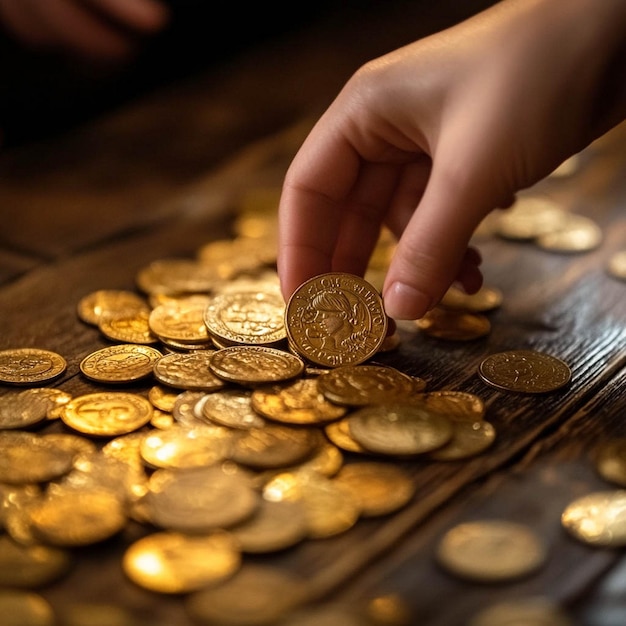 Photo a persons hand is reaching over some gold coins