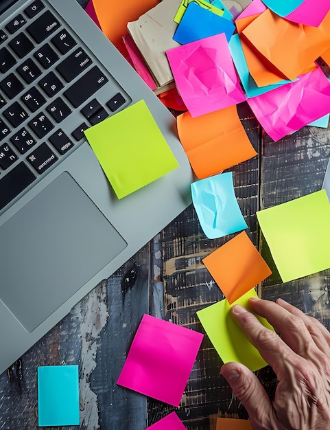 a persons hand organizing colorful sticky notes next to a laptop on a rustic wooden table