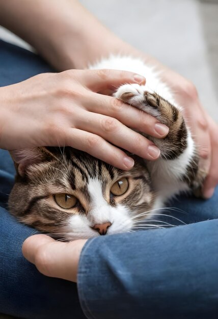 Photo a persons hand petting a white and orange cat lying on a blue fabric surface