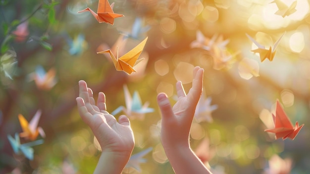 a persons hand reaching out to a flock of birds flying in the air