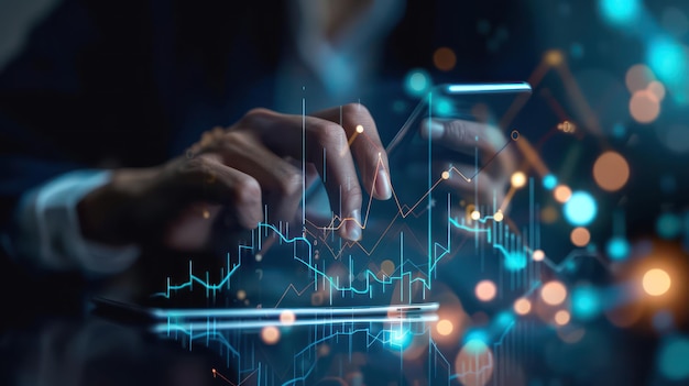 A persons hand using a smartphone to navigate through a 3D virtual growth arrow financial graph