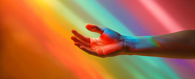 a persons hand with rainbow colors on it