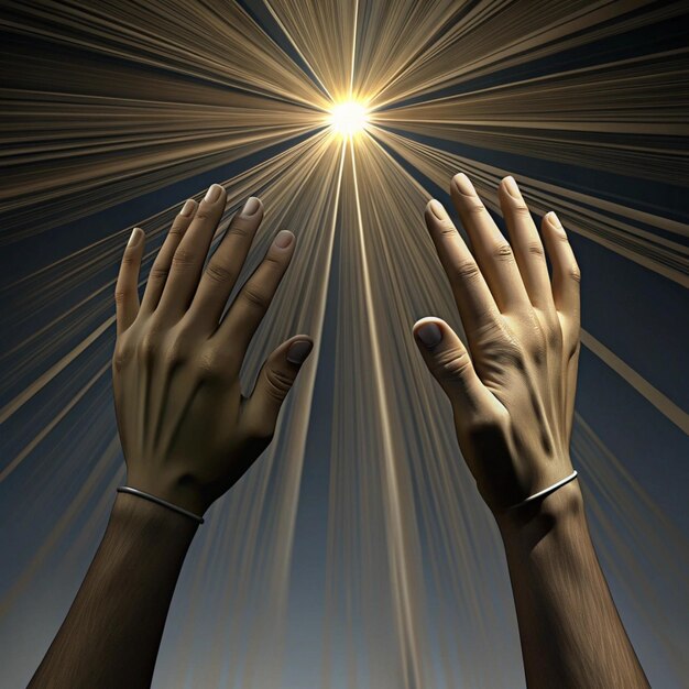 a persons hands are in the air with a cross in the background