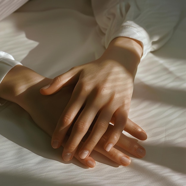 a persons hands are on a bed with a white sheet