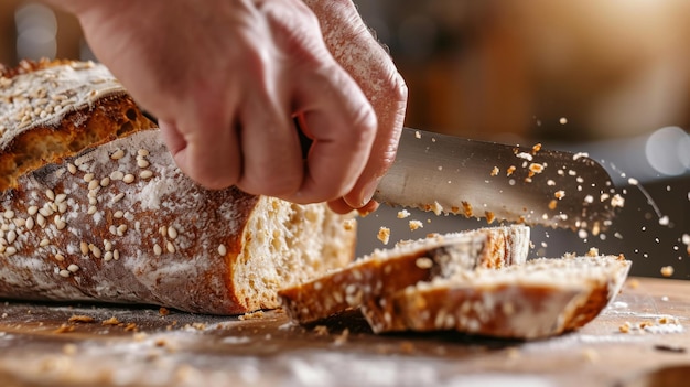 Photo persons hands are seen slicing a loaf of bread on a wooden cutting board with bread crumbs scattering around