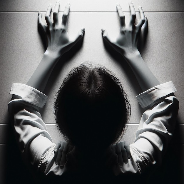 a persons hands are on a tile wall and the shadow of their hands is visible