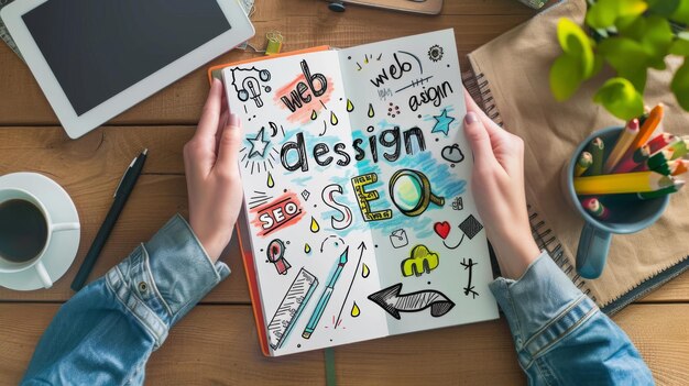 persons hands drawing and writing on a notebook with colorful sketches and the words web design SEO