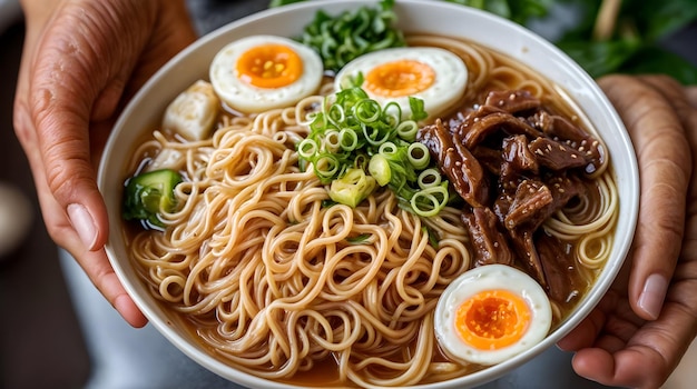 persons hands holding a bowl of ramen