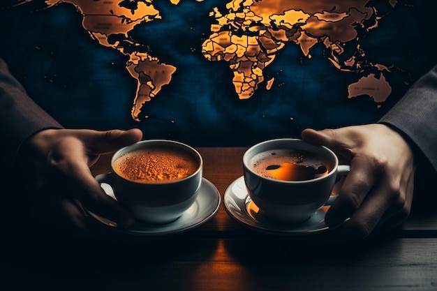 Photo a persons hands holding two cups of coffee in front of a world map products from all over the world