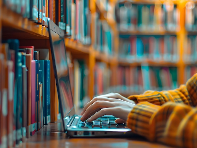 Photo a persons hands typing on a laptop keyboard the background is a blur of bookshelves