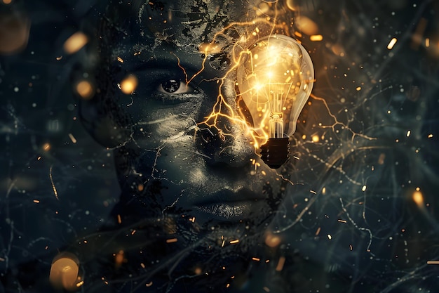 Persons head with glowing light bulb inside symbolizing creativity and ideas