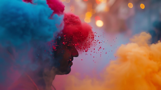 A persons profile silhouetted in a burst of colorful powder and smoke