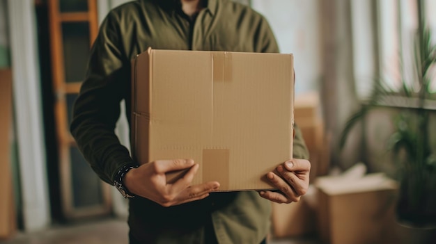 Photo persons torso holding a cardboard box with a focus on the package suggesting a delivery or moving scenario