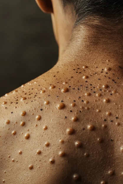 Photo a persons upper back showing a variety of raised bumpy spots with irritated skin in a darker setting