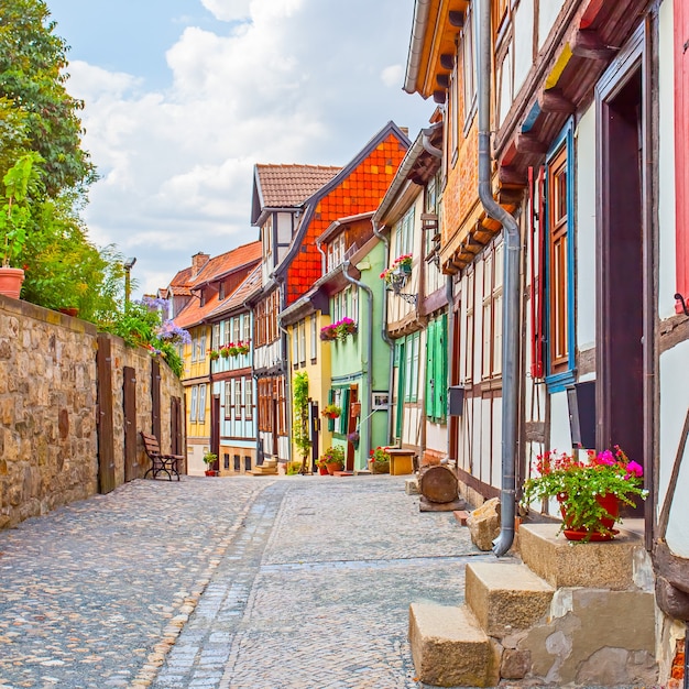 Perspective of old picturesque street in Quedlinburg, Germany