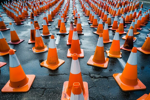 Photo perspective shot of hundreds of traffic cones