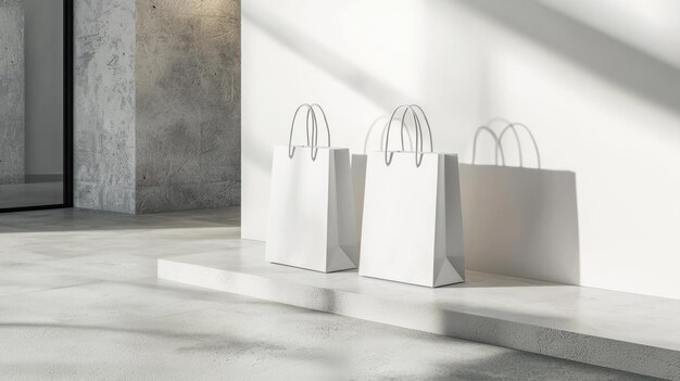 Photo perspective view on blank white paper shopping bags with place for your brand name or text on concrete floor near decorative partition and light wall background close up 3d rendering mockup