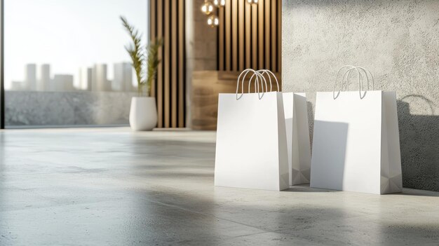 Photo perspective view on blank white paper shopping bags with place for your brand name or text on concrete floor near decorative partition and light wall background close up 3d rendering mockup