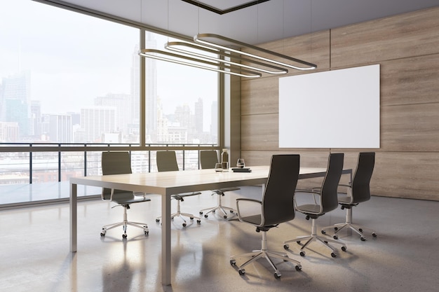 Perspective view on blank white poster on wooden wall in sunny conference room with big wooden meeting table black chairs on light glossy floor and city view from big window 3D rendering mockup