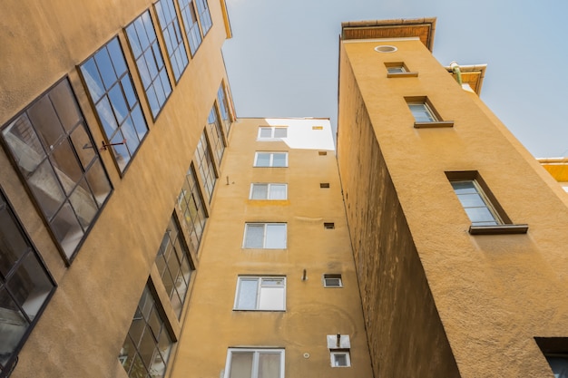 Perspective view of a building. Old building facade.