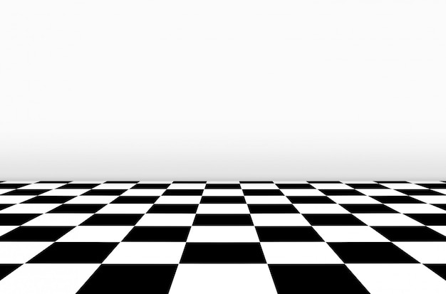  Perspective view of Chessboard floor with gray wall background.