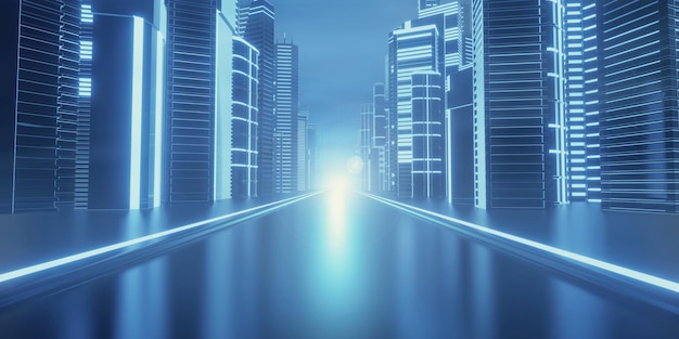 Perspective view dark blue city road with light reflection building background for technology concept 3D illustration rendering