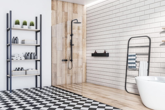 Perspective view on dark shower on wooden wall background with brick wall and dark metallic towel hanger near white bath on black and white mosaic floor in sunlit bathroom 3D rendering