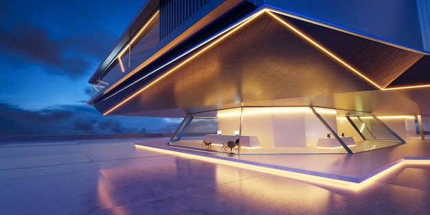 Perspective view of empty cement floor with steel and glass modern building exterior  Night scene