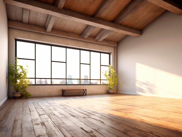 Perspective view of empty loft interior room with wooden floor at sunset Generative AI