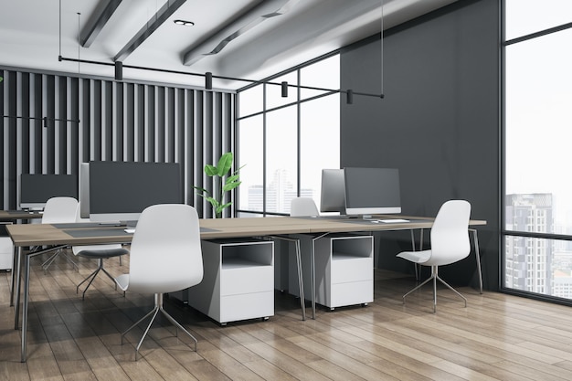 Perspective view on modern interior design coworking office with white chairs wooden floor and tables and city view from huge windows 3D rendering