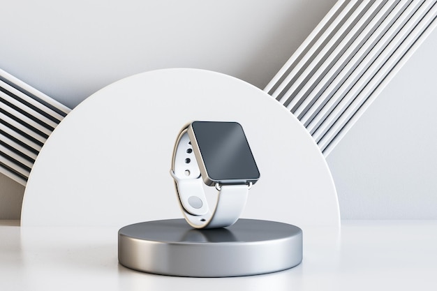 Perspective view on modern stylish light smart watches with blank screen with space for your text or logo on silver round stage on abstract light decoration background 3D rendering mock up