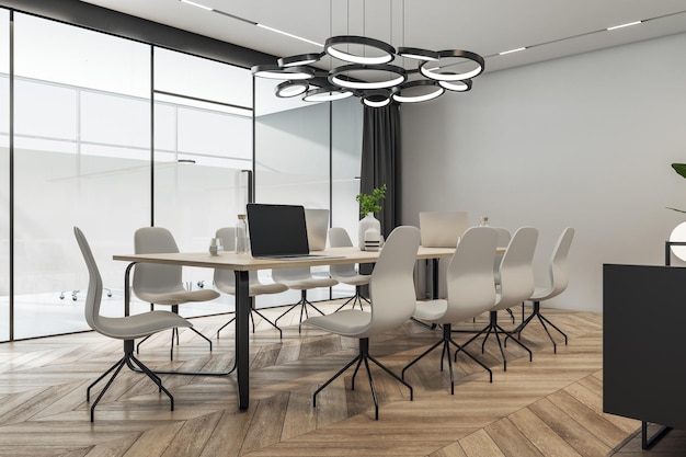 Perspective view on stylish lamp above light wooden meeting table with laptops surrounded by chairs on parquet floor light grey walls and glass door in sunlit conference room 3D rendering