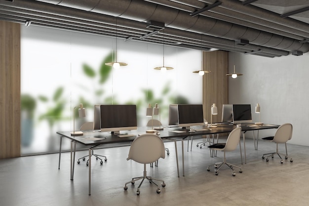 Perspective view on stylish row of work places in industrial interior design office with white chairs and modern computers on black tables black pipes on ceiling and mat glass wall 3D rendering