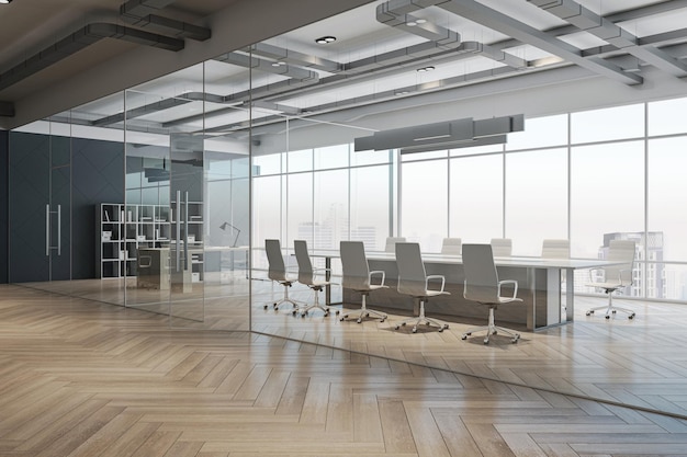 Perspective view on stylish spacious meeting room with white furniture and city view background from panoramic window behind glass partitions in huge office with light loft ceiling 3D rendering