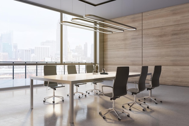 Perspective view on sunny conference room with big wooden meeting table black chairs on light glossy floor modern metallic chandelier and city view from big window 3D rendering mockup