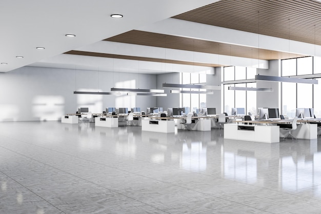 Perspective view on sunny spacious coworking office with modern work places and computers metallic lamps hanging from wooden ceiling white walls glossy ceramic floor and city view 3D rendering