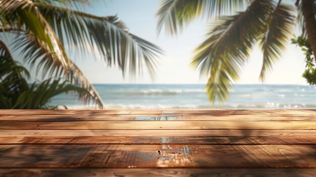 Perspective wide Table top wooden bar with blurred beautiful beach scene background Generative AI