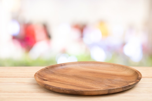 Perspective wooden table and wooden tray on top 