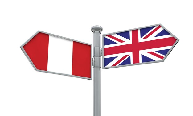 Peru and United Kingdom guidepost Moving in different directions 3D Rendering