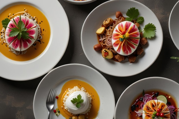 Photo peruvian delicacies in modern styling white dishes with artistic food ai generated