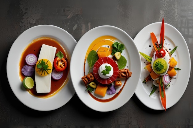 Peruvian Delicacies in Modern Styling White Dishes with Artistic Food Ai Generated