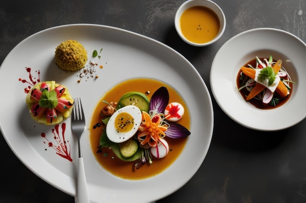 Photo peruvian delicacies in modern styling white dishes with artistic food ai generated