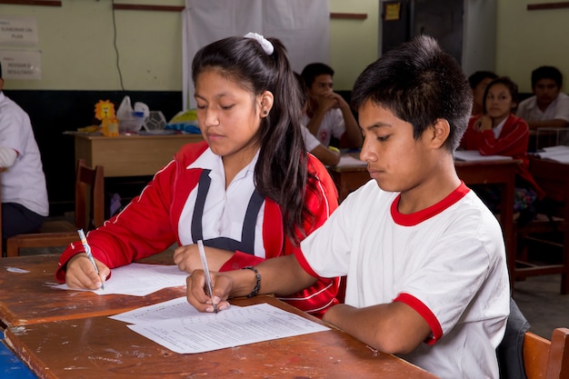 Peruvian South American schoolchildren posing alone and with their teachers performing tasks