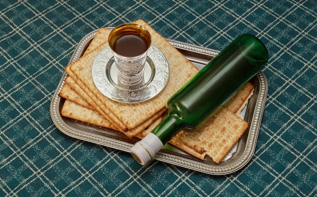 Pesach Still-life with wine and matzoh jewish passover bread