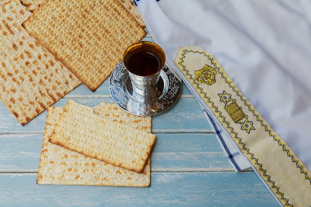 Pesah celebration concept jewish matzah bread with wine passover holiday concept